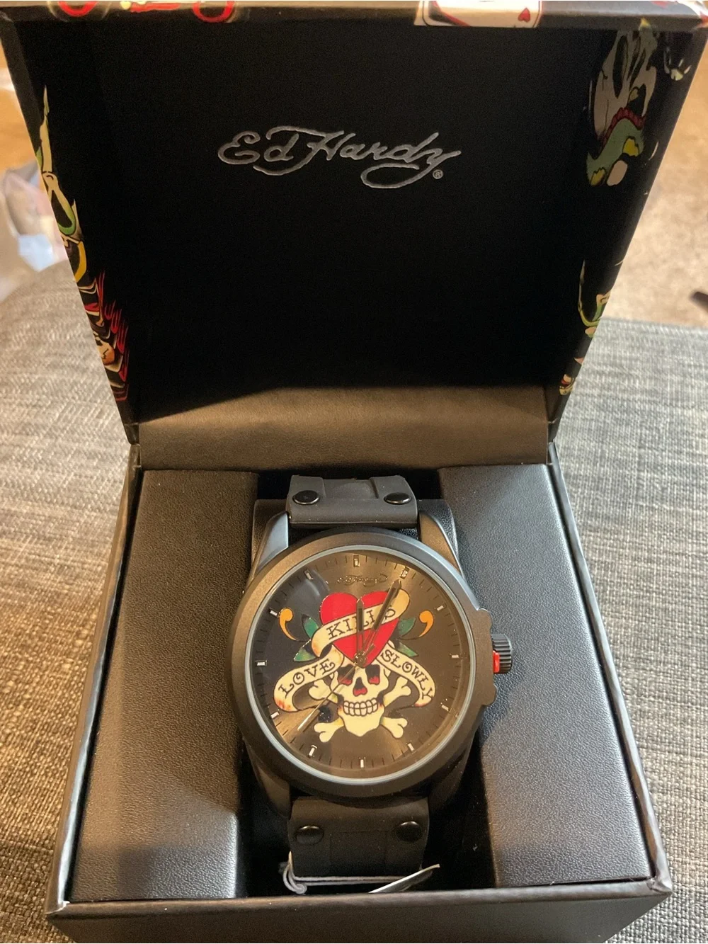 Ed Hardy Men’s Matte Black Silicone Strap Watch 46mm – NIB Love Kills Slowly